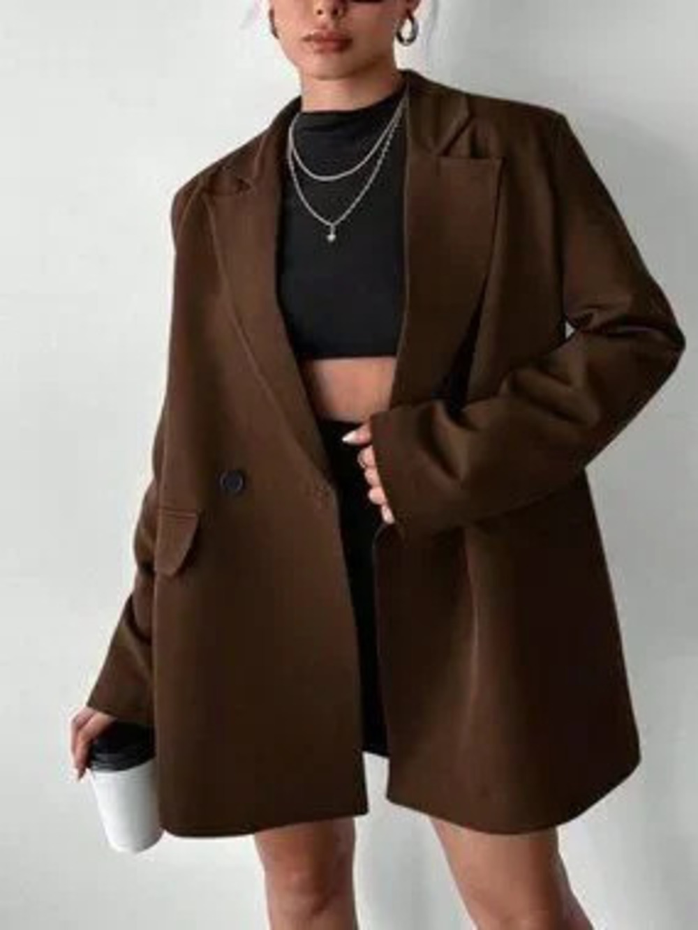 Brown Casual Women's Oversized Padded Shoulder Blazer Jacket